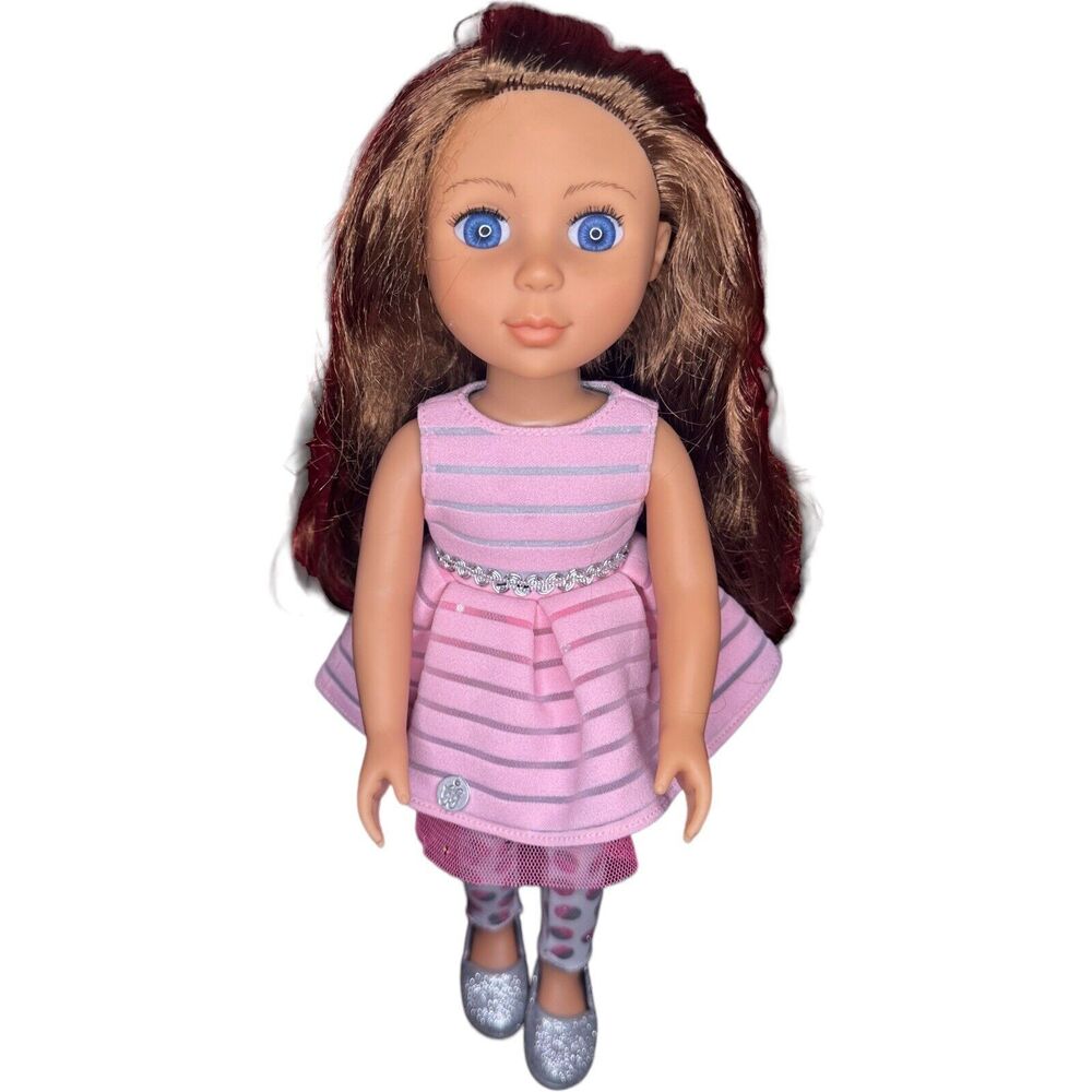 Glitter Girls by Battat 14" Poseable  Doll Brown Hair Blue Eyes Pink Dress